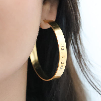 18K Gold-Filled Personalized Earrings | Custom Engraved Name Large Flat Hoop Earrings