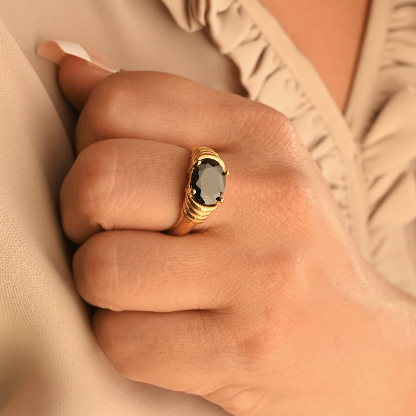 18K Gold-Filled Black Zircon Ring | Black Agate Ring For Women | Noor Ring