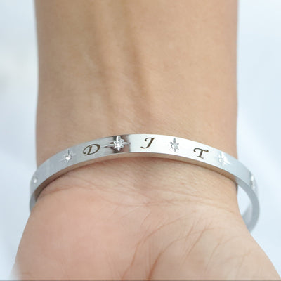 Silver Customized Engraved Bracelet - Cubic Zirconia Personalized Name Bangle Bracelet