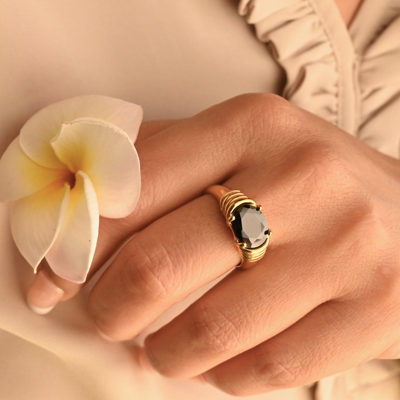 18K Gold-Filled Ring | Gold Gemstone Ring | Black Agate Stone Ring | Black Onyx Ring For Women | Noor Ring