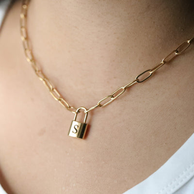 18K Gold Filled Personalized Necklace | Initial Custom Necklace | Engraved Padlock Choker Necklace