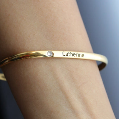 18K Gold-Filled Personalized Name Bracelet - Cubic Zirconia Bangle - Customized Engraved Bracelet