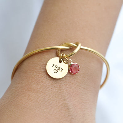 18K Gold-Filled Personalized Engraved Disc Charm Knot Bracelet - Custom Birthstone Bracelet