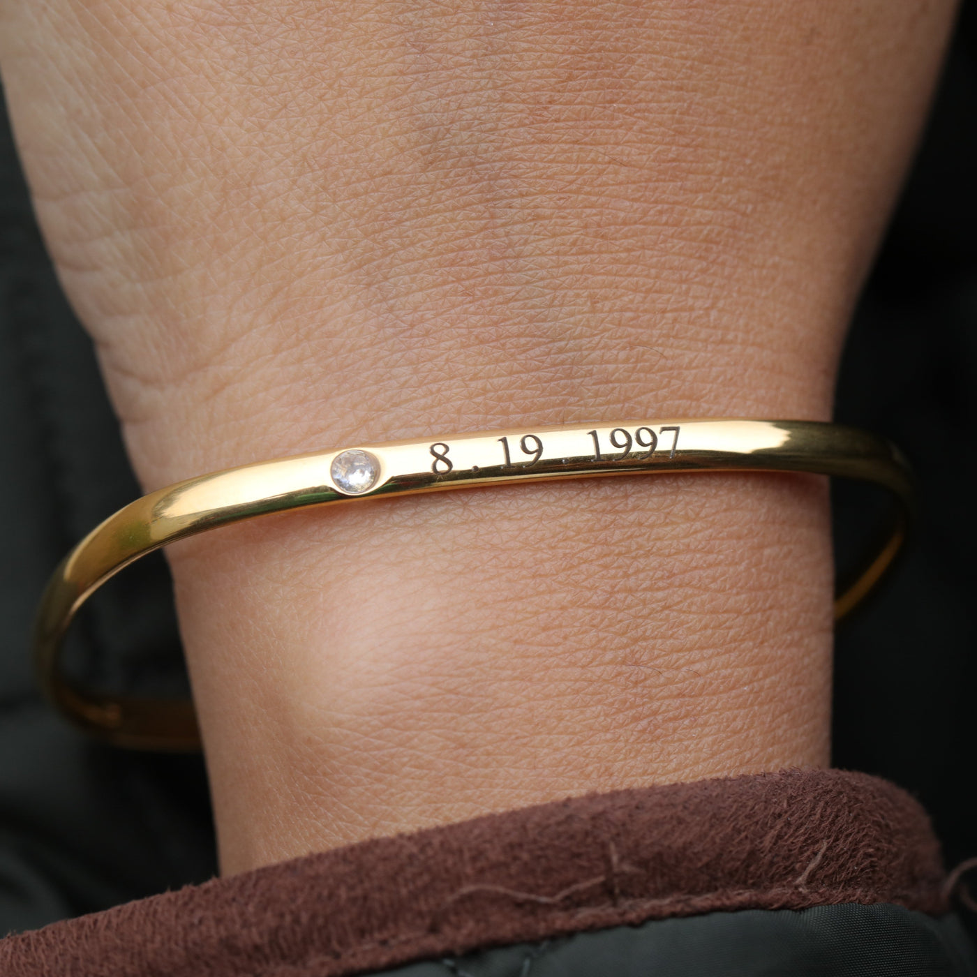 18K Gold-Filled Personalized Date Bracelet - Cubic Zirconia Bangle - Customized Engraved Bracelet - Date Bangle Bracelet - Stackable Bangle