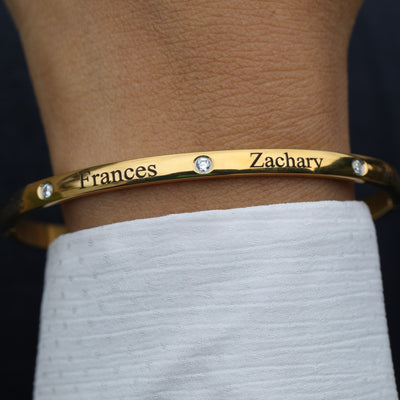 18K Gold-Filled Personalized Name Bracelet - Customized Engraved Cubic Zirconia Bangle Bracelet