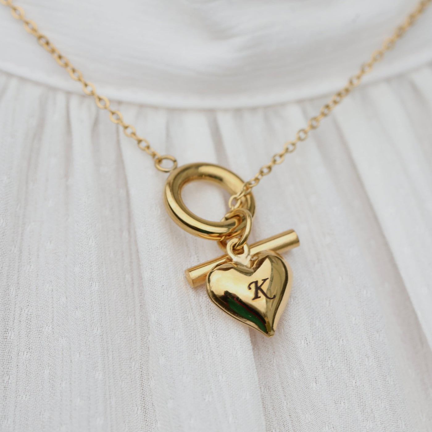 18K Gold-Filled Custom Initial Heart Necklace | Toggle Clasp Personalized Engraved Heart Pendant Letter Necklace