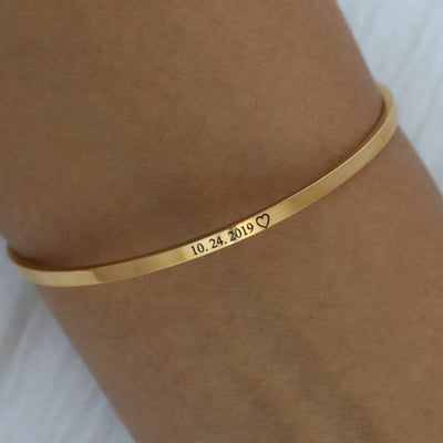 18K Gold-Filled Customized Engraved Bracelet - Personalized Date Bracelet Bangle Bracelet