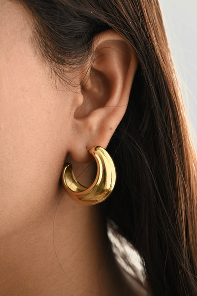 18K Gold Hoop Earrings | Big Dome Shape Hoops | Lightweight Large Hoops