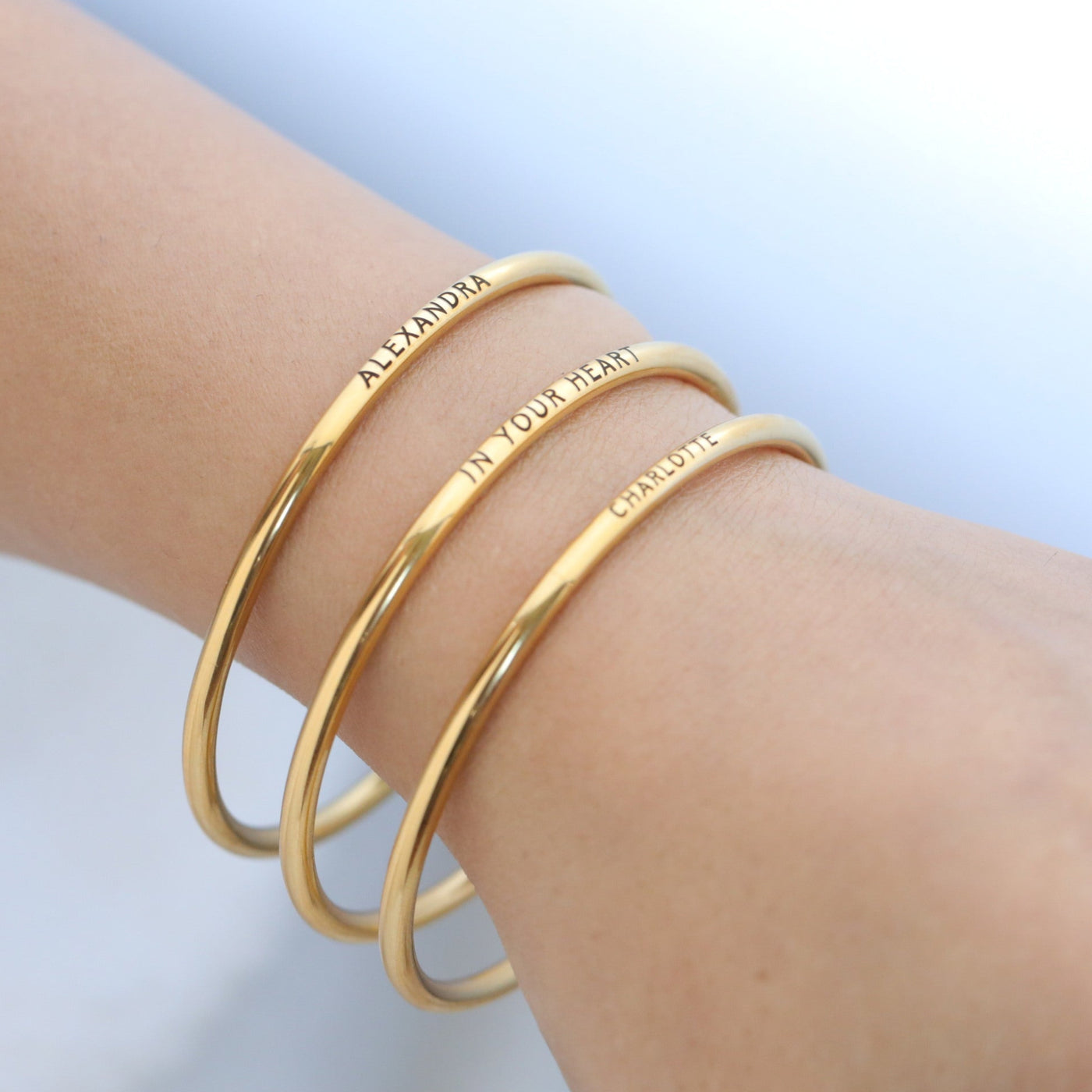 Engraved Bangle Bracelets Set of 3 | Custom Gold Engraved Bangle | Gold Stackable Bangle