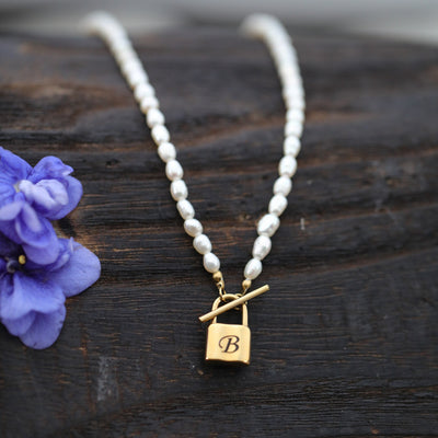 14K Gold-Filled Engraved Freshwater Pearl Initial Padlock Necklace | Personalized Necklace for Women