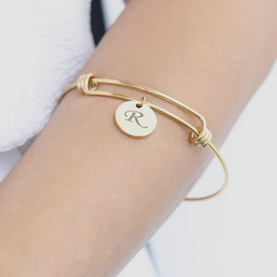 18K Gold-Filled Custom Engraved Bracelet - Personalized Initial Disc Charm Bracelet With Coin