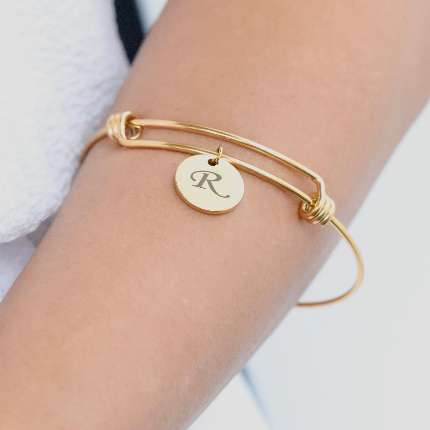 18K Gold-Filled Personalized Name Bracelet - Large Gold Knot Bangle - Customized Engraved Disc Charm Bangle Bracelet