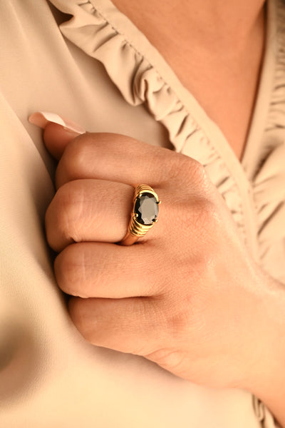 18K Gold-Filled Ring | Gold Gemstone Ring | Black Agate Stone Ring | Black Onyx Ring For Women | Noor Ring