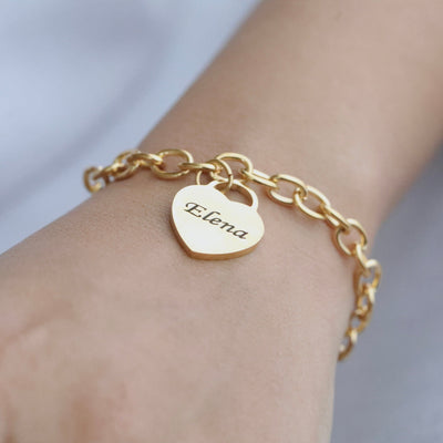 18K Gold-Filled Custom Engraved Name Bracelet | Personalized Heart Charm Bracelet