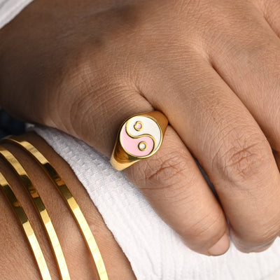 18K Gold-Filled Enamel Yin and Yang Ring for Women