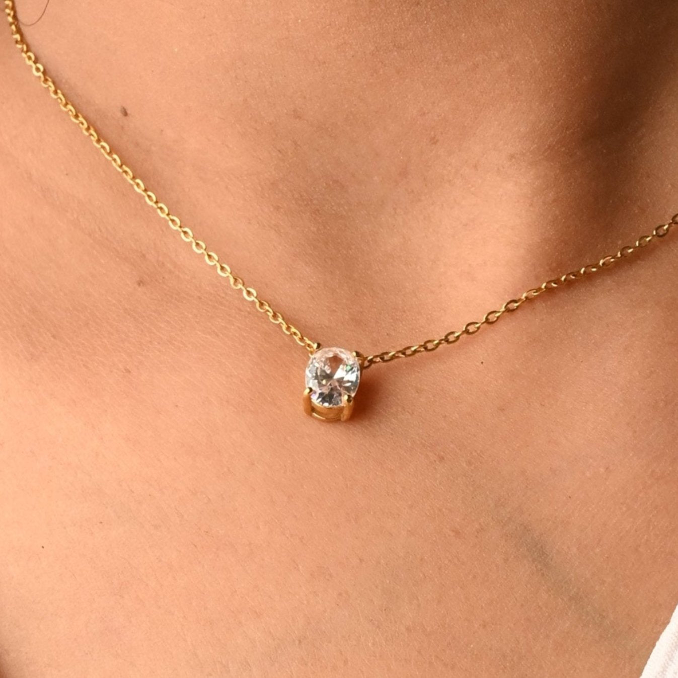 18K Gold-Filled Zircon CZ Oval Pendant Necklace