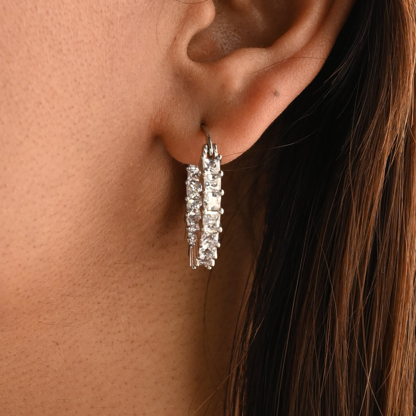 Thick Zircon Silver Hoop Earrings