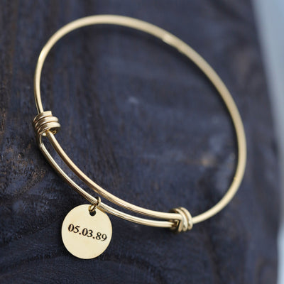 18K Gold-Filled Personalized Name Bracelet - Large Gold Knot Bangle - Customized Engraved Disc Charm Bangle Bracelet