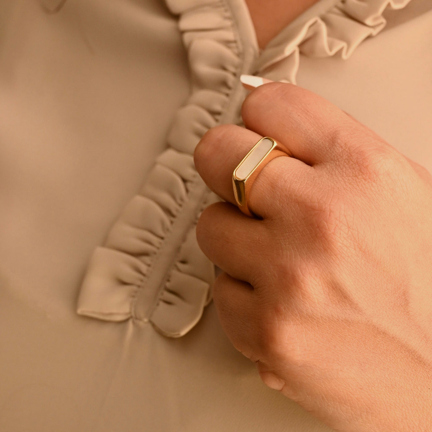 18K Gold-Filled Rectangle White Shell Signet Ring