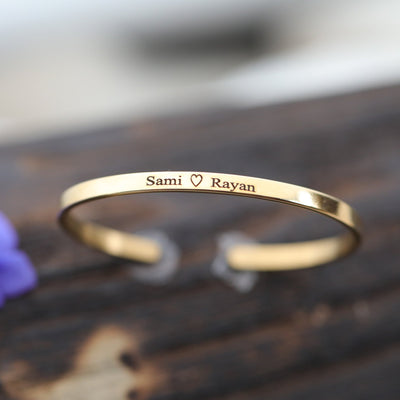 18K Gold-Filled Personalized Name Bracelet - Customized Engraved Flat Bangle Bracelet - Stackable Cuff Bracelet