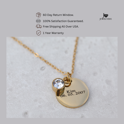 18K Gold-Filled Birthstone Necklace - Engraved Necklace - Personalized Disc Necklace