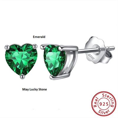 925 Sterling Silver May Birthstone Heart Stud Earrings