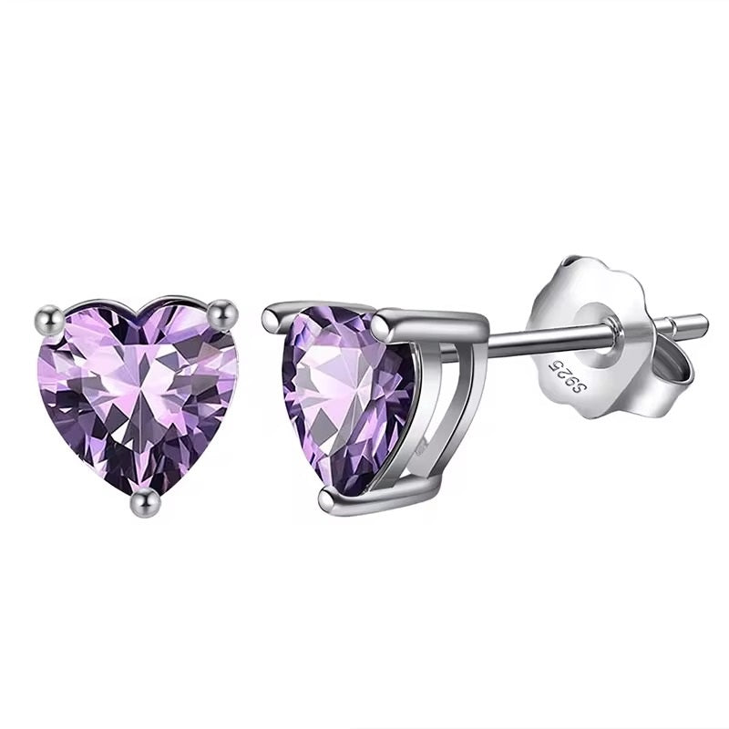 925 Sterling Silver February Birthstone Heart Stud Earrings