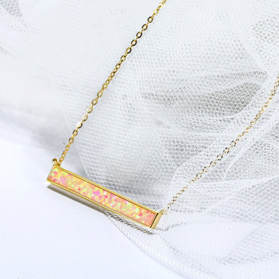 925 Sterling Silver Opal Bar Pendant Necklace