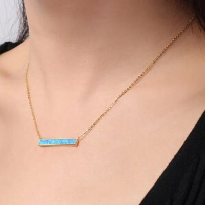 925 Sterling Silver Blue Opal Bar Pendant Necklace