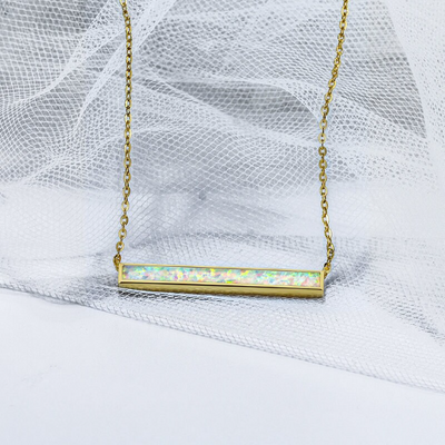 925 Sterling Silver White Opal Bar Pendant Necklace