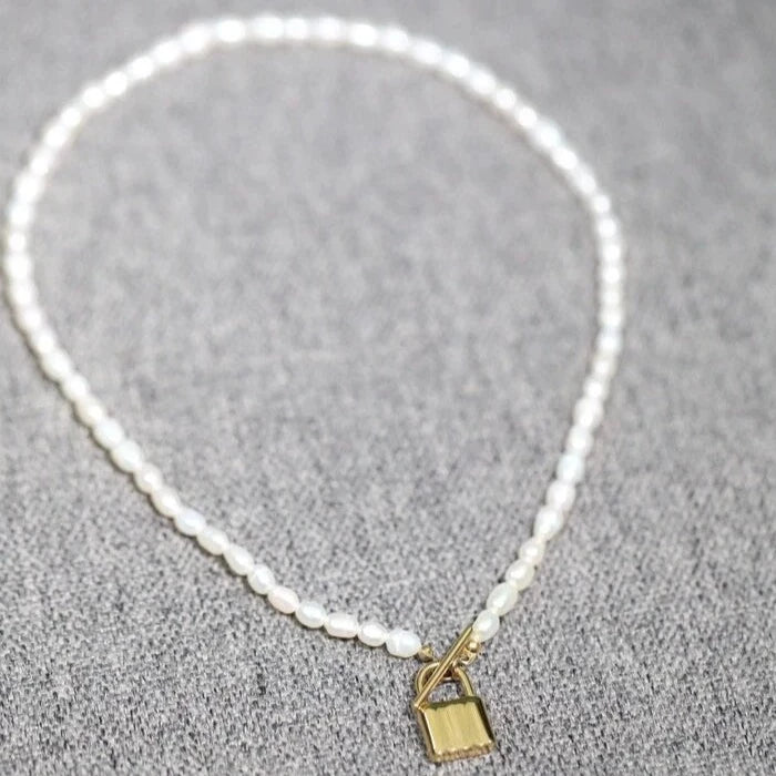 14K Gold-Filled Padlock T-bar Pearl Necklace