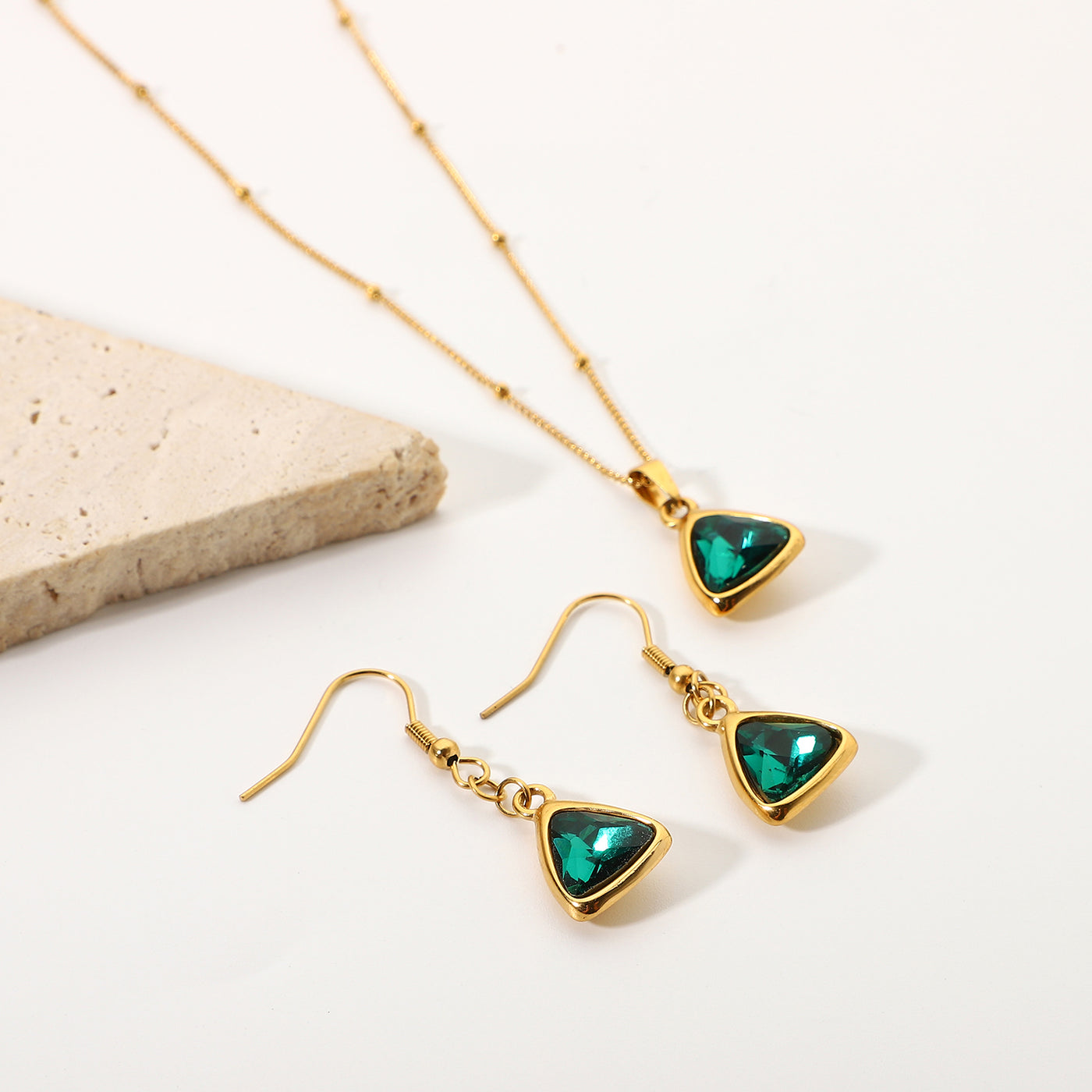 18K Gold-Filled Emerald Triangle Necklace Earrings Set