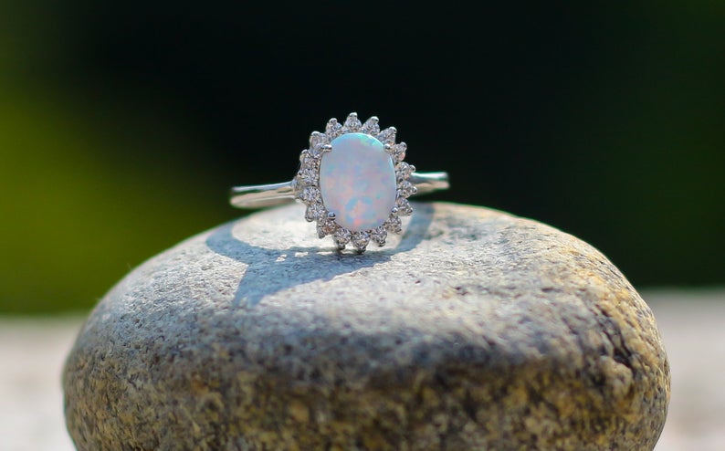 silver white fire opal ring
