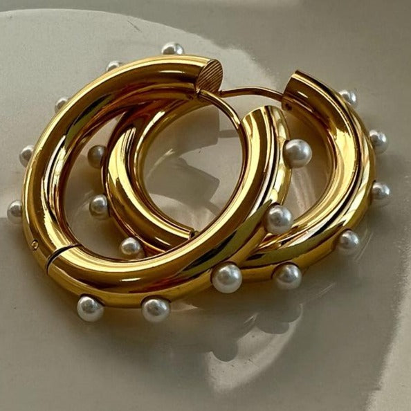 18K Gold-Filled Pearl Hoop Earrings