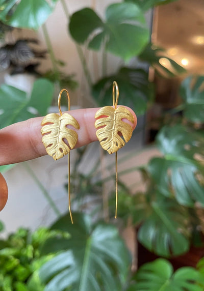 gold monstera leaf earrings for women