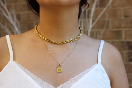 Gold Link Chain Necklace with Padlock Pendant