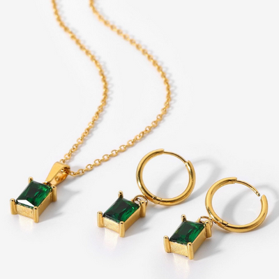 18K Gold-Filled Emerald Square Pendant Necklace Set