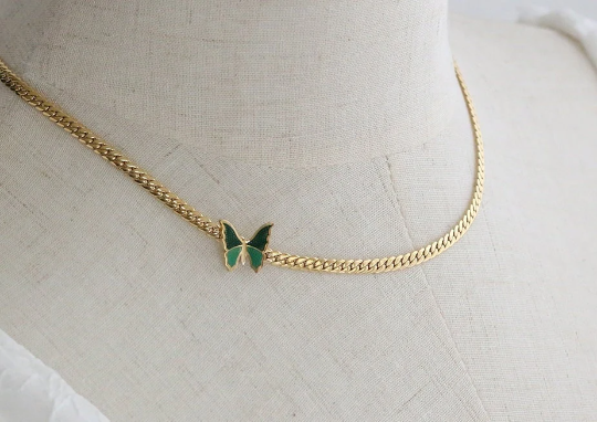 Green Enamel Butterfly Choker Necklace