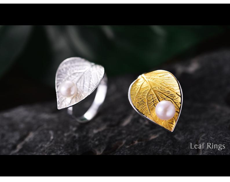 Freshwater Pearl Leaf Ring Gold and silver