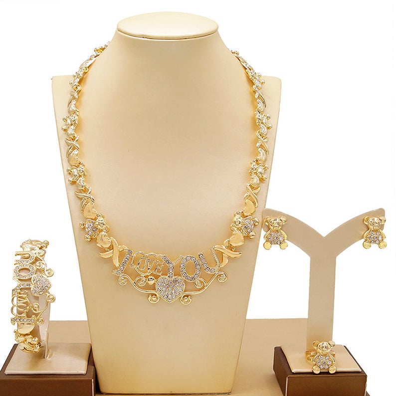 18K Gold-Filled Teddy Bear Xo Necklace Set