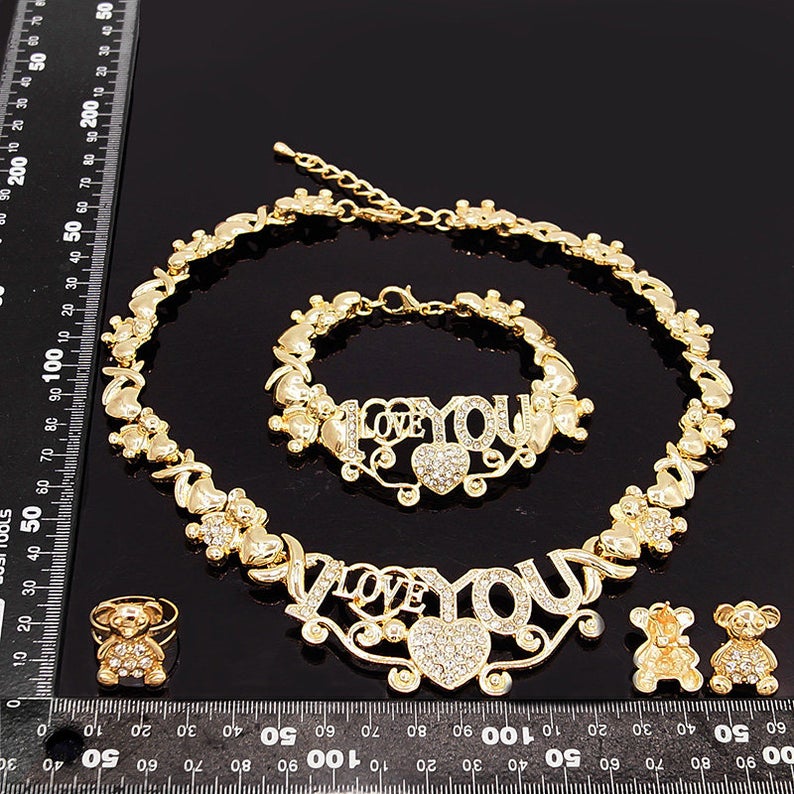 18K Gold-Filled Teddy Bear Xo Necklace Set