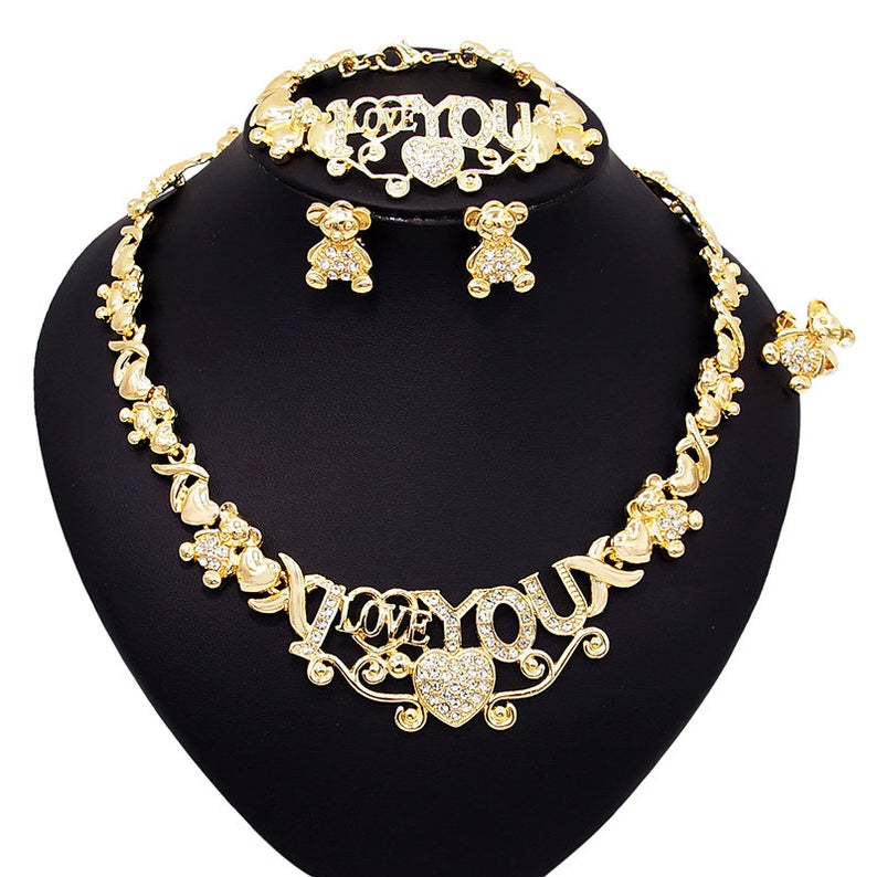 18K Gold-Filled Teddy Bear Xo Necklace Set