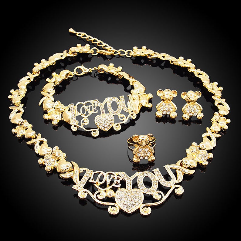 18K Gold-Filled Teddy Bear Xo Necklace Set