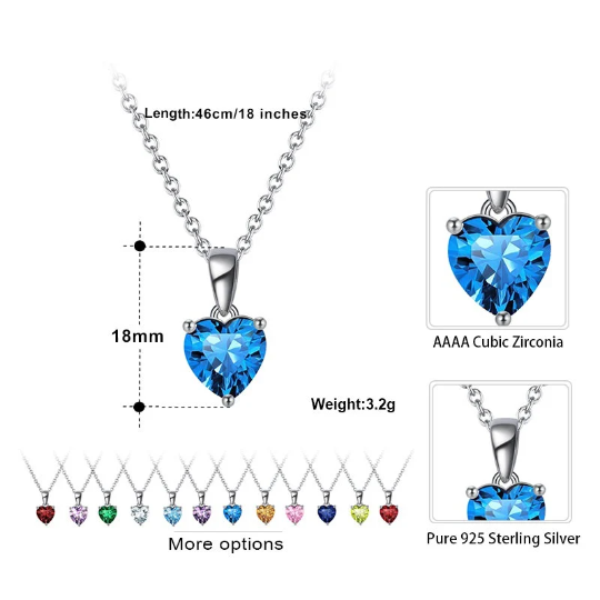 925 Sterling Silver Heart Birthstone Necklace